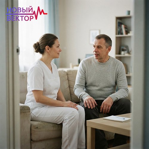 Врач-нарколог беседует с мужчиной, объясняя особенности кодирования Вивитрол для лечения алкогольной зависимости
